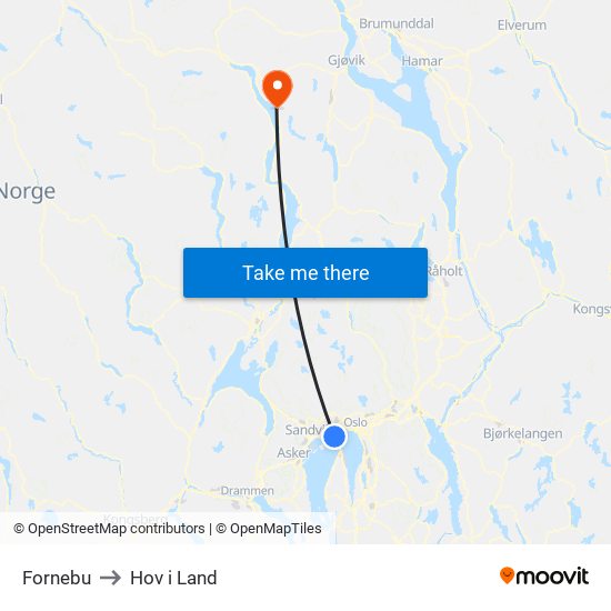 Fornebu to Hov i Land map