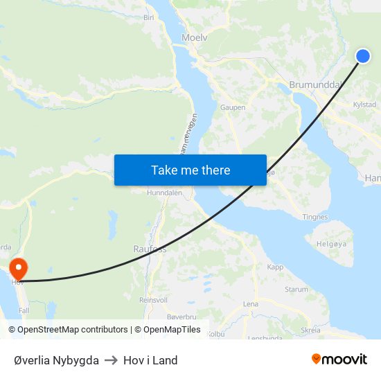 Øverlia Nybygda to Hov i Land map