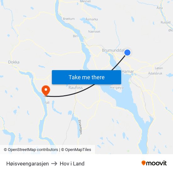 Høisveengarasjen to Hov i Land map