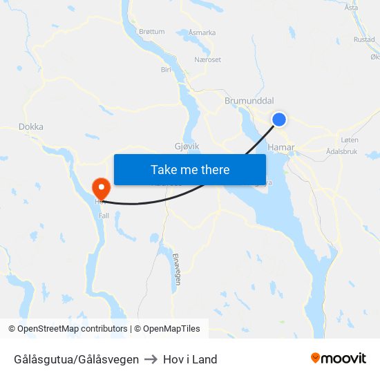 Gålåsgutua/Gålåsvegen to Hov i Land map