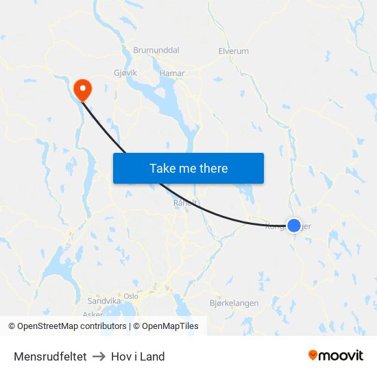 Mensrudfeltet to Hov i Land map