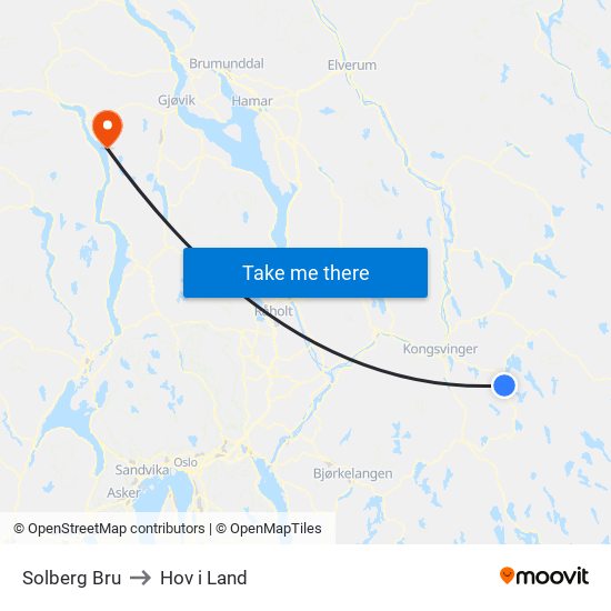 Solberg Bru to Hov i Land map