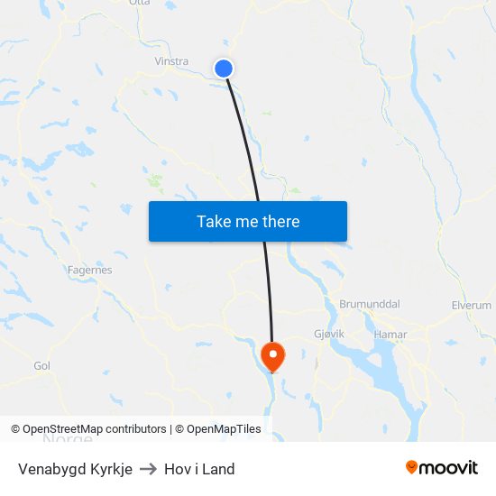 Venabygd Kyrkje to Hov i Land map