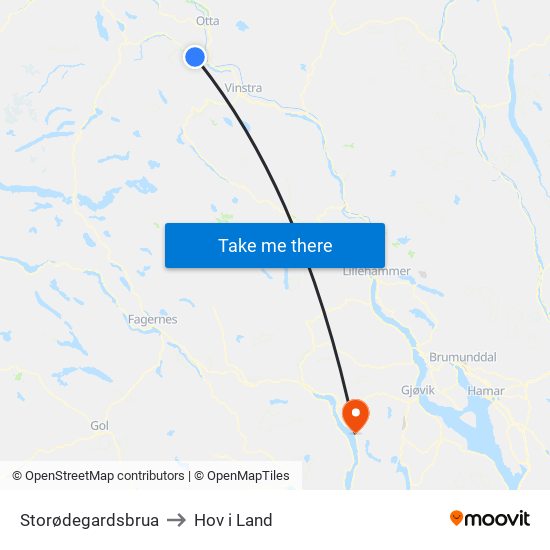 Storødegardsbrua to Hov i Land map