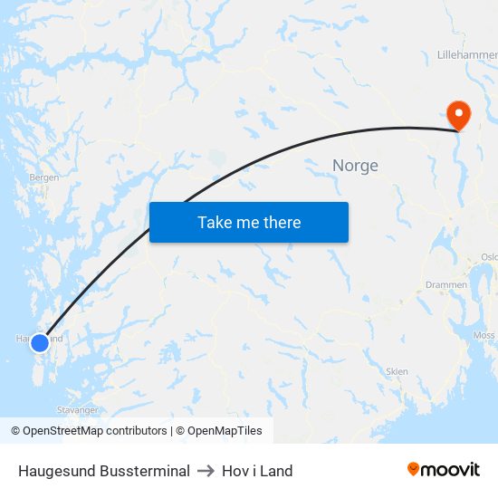 Haugesund Bussterminal to Hov i Land map