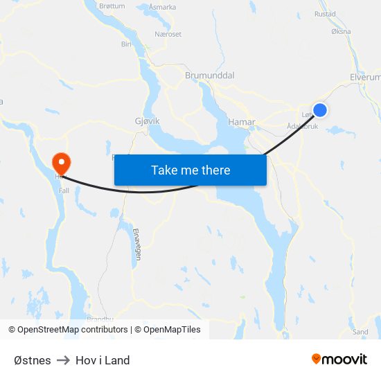 Østnes to Hov i Land map