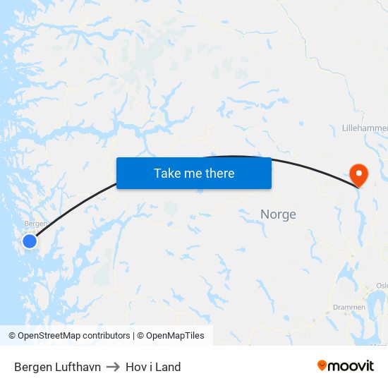 Bergen Lufthavn to Hov i Land map