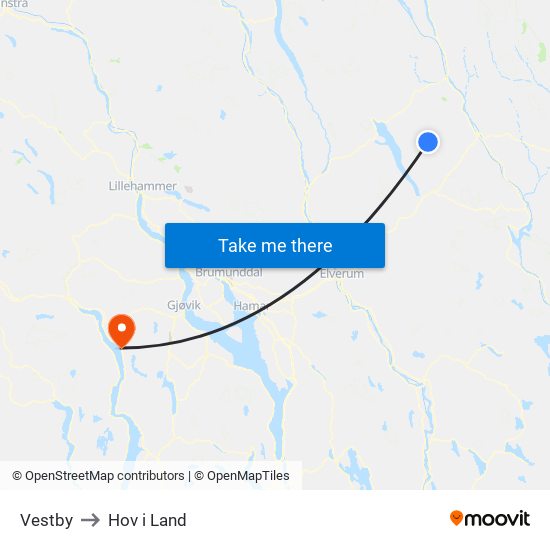 Vestby to Hov i Land map