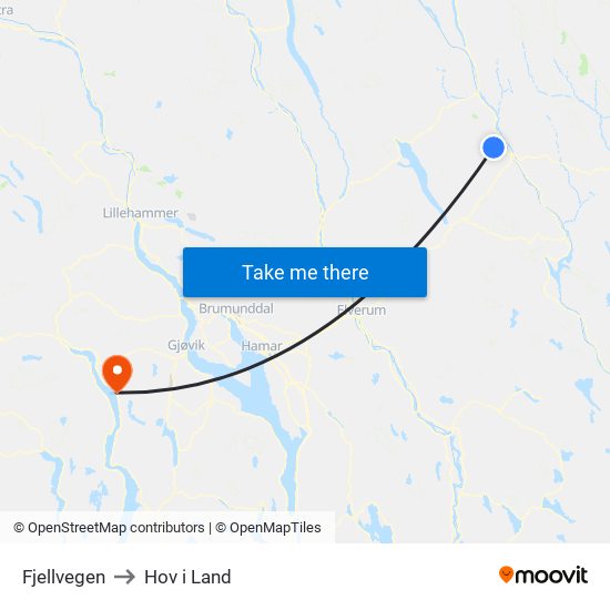 Fjellvegen to Hov i Land map