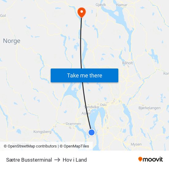 Sætre Bussterminal to Hov i Land map