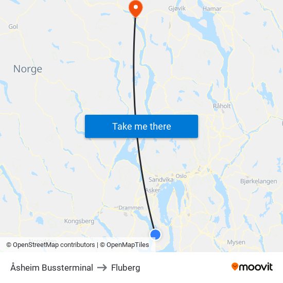 Åsheim Bussterminal to Fluberg map