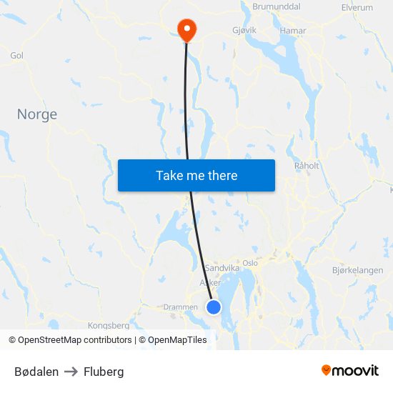 Bødalen to Fluberg map