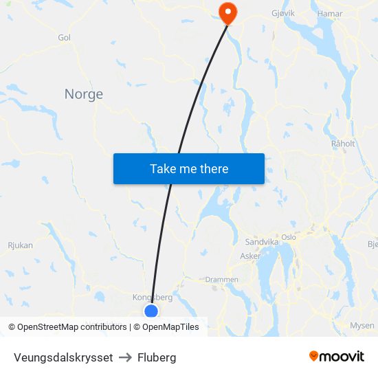 Veungsdalskrysset to Fluberg map