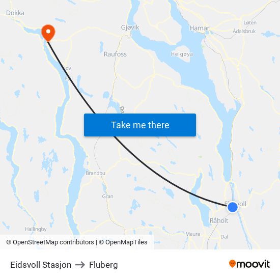 Eidsvoll Stasjon to Fluberg map