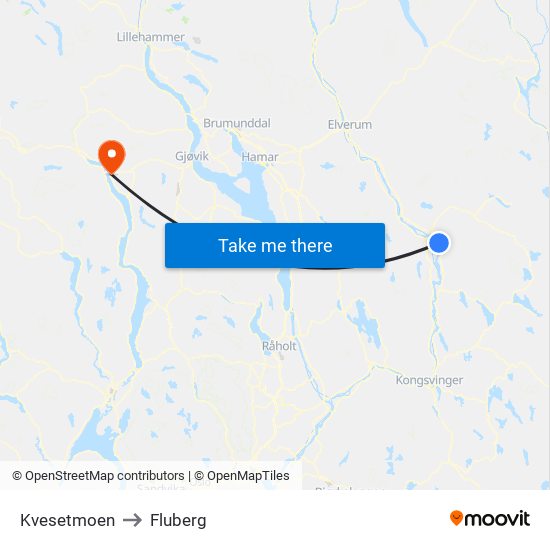 Kvesetmoen to Fluberg map