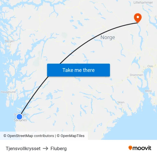 Tjensvollkrysset to Fluberg map