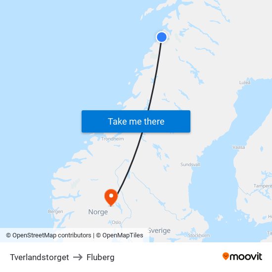 Tverlandstorget to Fluberg map