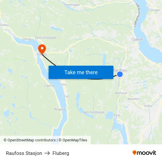 Raufoss Stasjon to Fluberg map