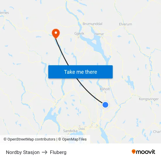 Nordby Stasjon to Fluberg map
