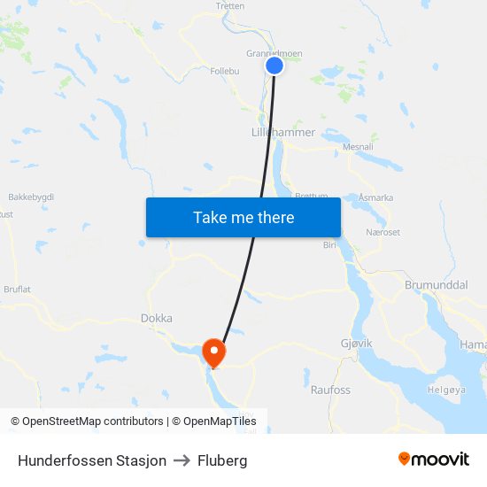 Hunderfossen Stasjon to Fluberg map