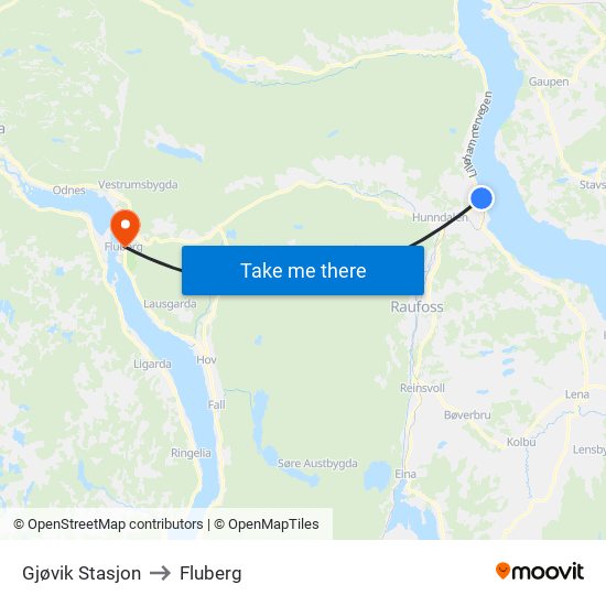 Gjøvik Stasjon to Fluberg map