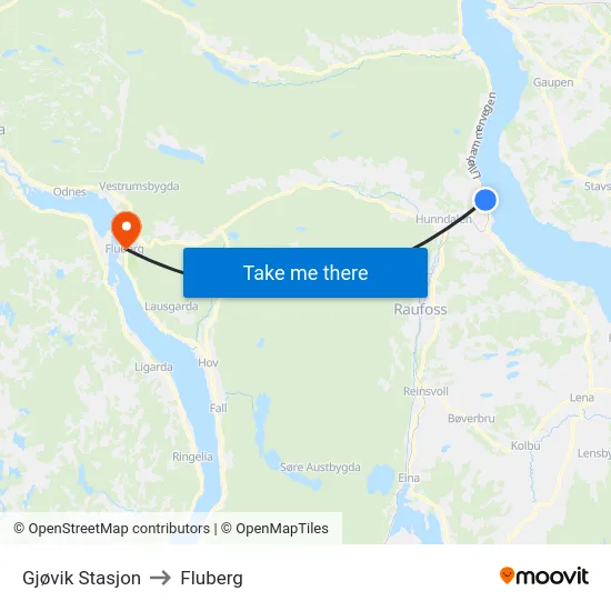 Gjøvik Stasjon to Fluberg map