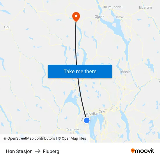 Høn Stasjon to Fluberg map