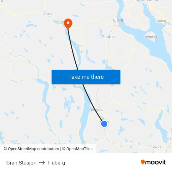 Gran Stasjon to Fluberg map