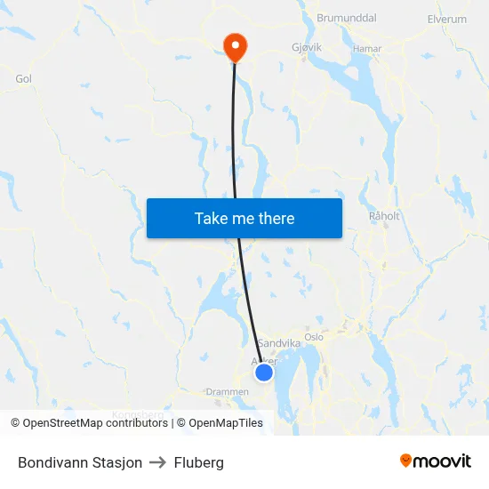 Bondivann Stasjon to Fluberg map