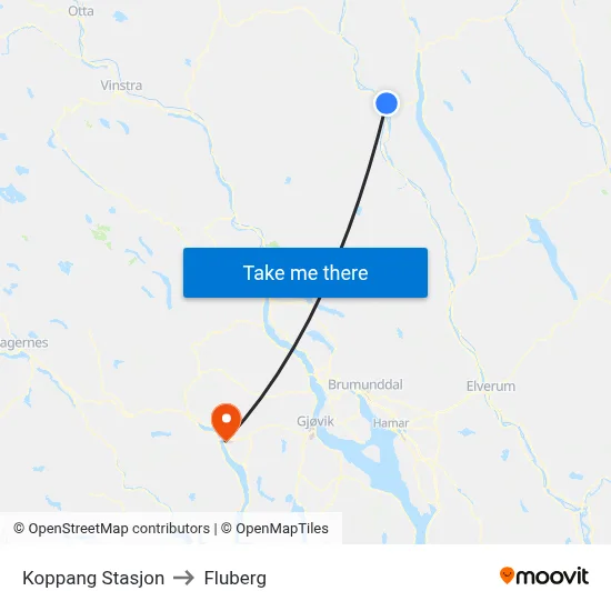 Koppang Stasjon to Fluberg map