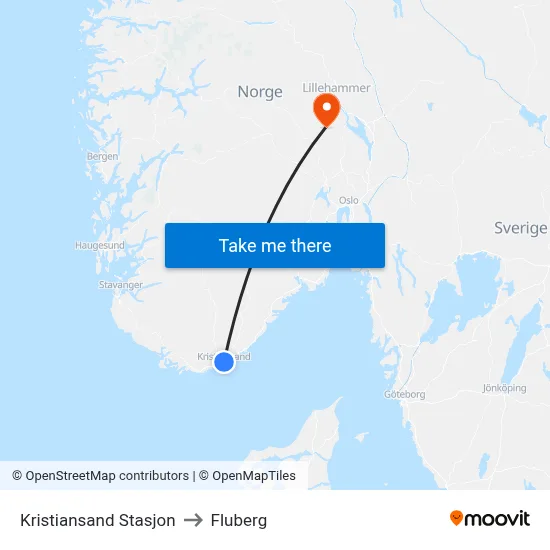 Kristiansand Stasjon to Fluberg map