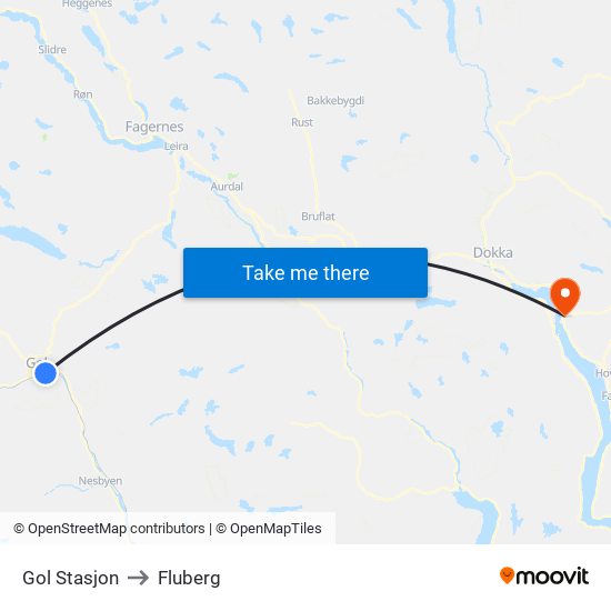Gol Stasjon to Fluberg map
