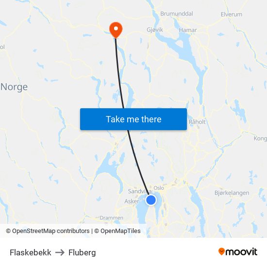 Flaskebekk to Fluberg map