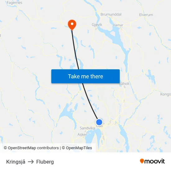 Kringsjå to Fluberg map
