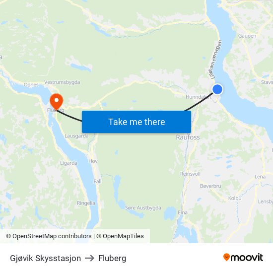 Gjøvik Skysstasjon to Fluberg map