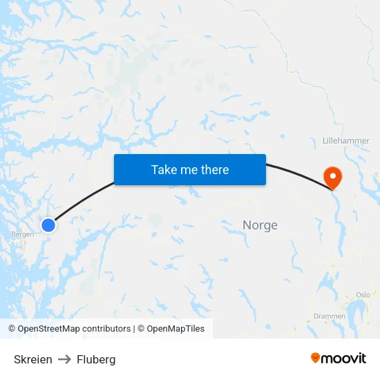 Skreien to Fluberg map
