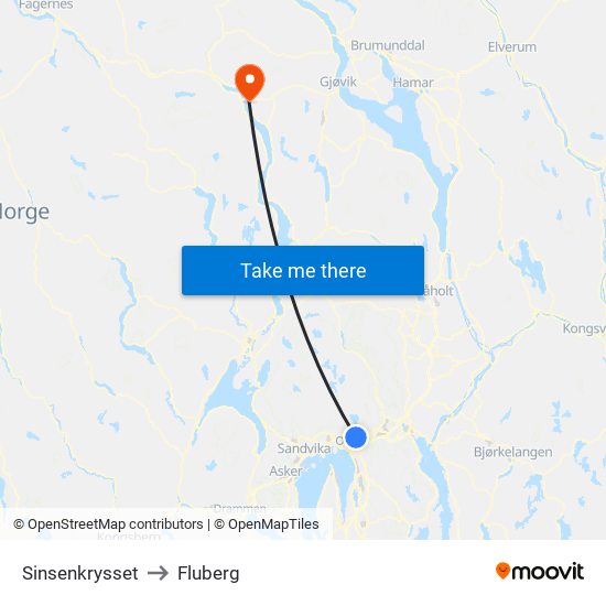 Sinsenkrysset to Fluberg map