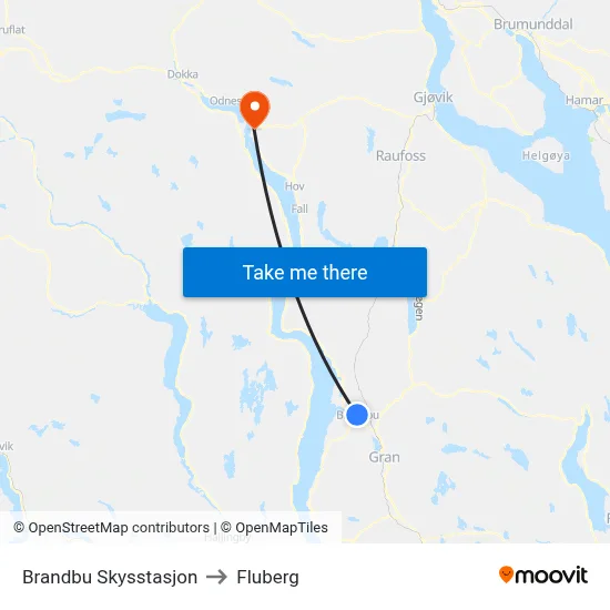 Brandbu Skysstasjon to Fluberg map