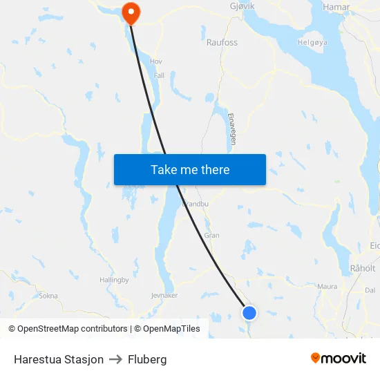 Harestua Stasjon to Fluberg map