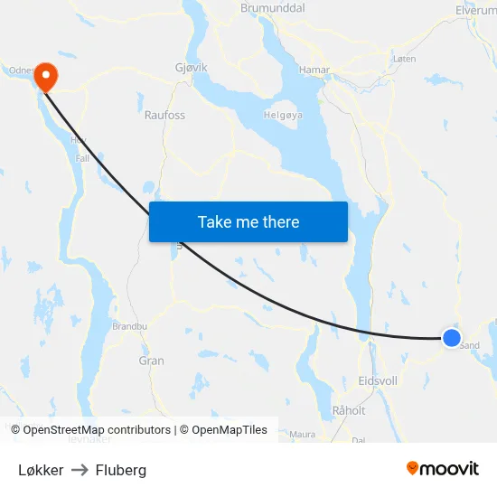 Løkker to Fluberg map