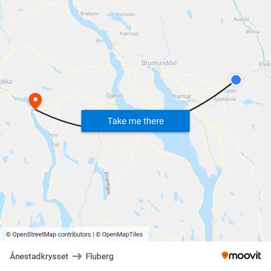 Ånestadkrysset to Fluberg map