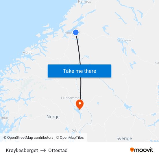 Krøykesberget to Ottestad map