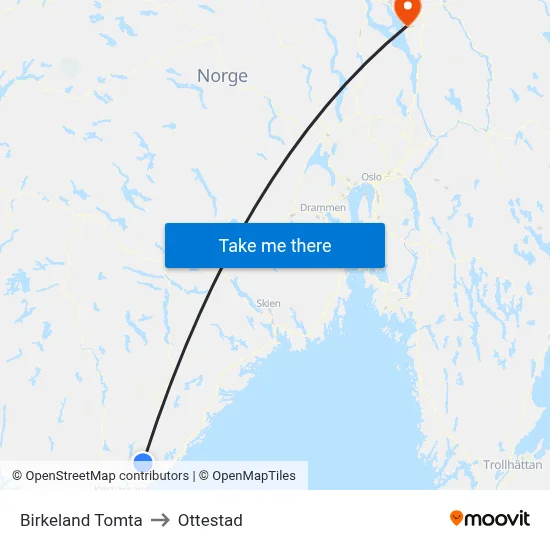 Birkeland Tomta to Ottestad map
