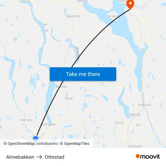 Almebakken to Ottestad map