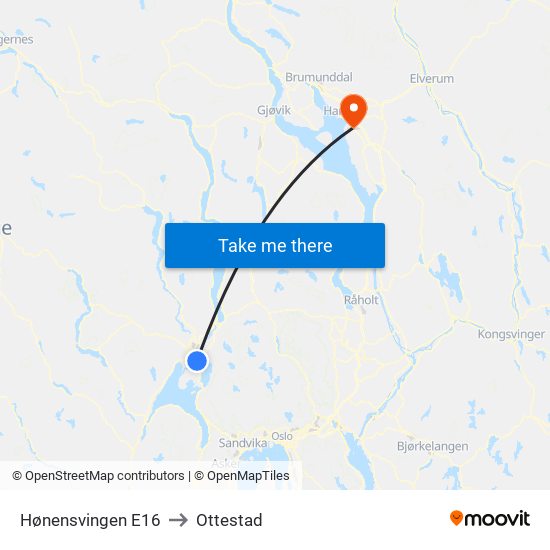 Hønensvingen E16 to Ottestad map