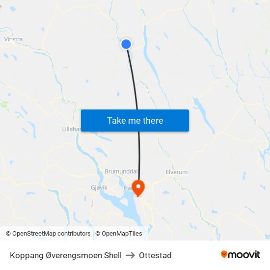 Koppang Øverengsmoen Shell to Ottestad map