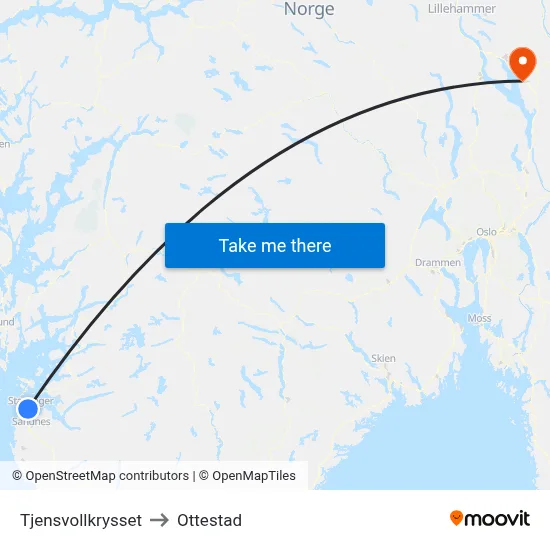 Tjensvollkrysset to Ottestad map