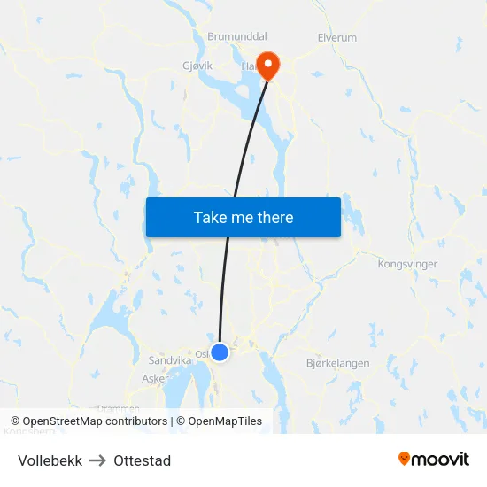 Vollebekk to Ottestad map