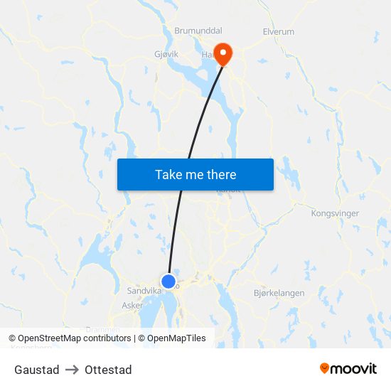 Gaustad to Ottestad map