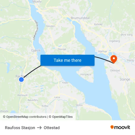 Raufoss Stasjon to Ottestad map